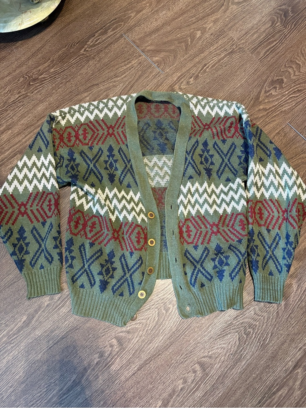 Olive Geometric Patterned Button-Up Cardigan Sweater